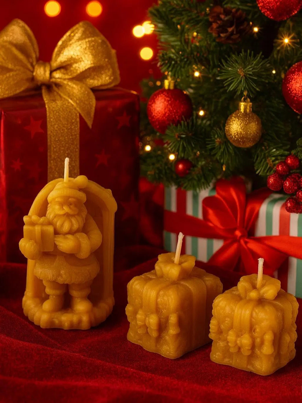 Holiday Cheer Santa & Presents Set | Christmas Gift Set | Beeswax Candles