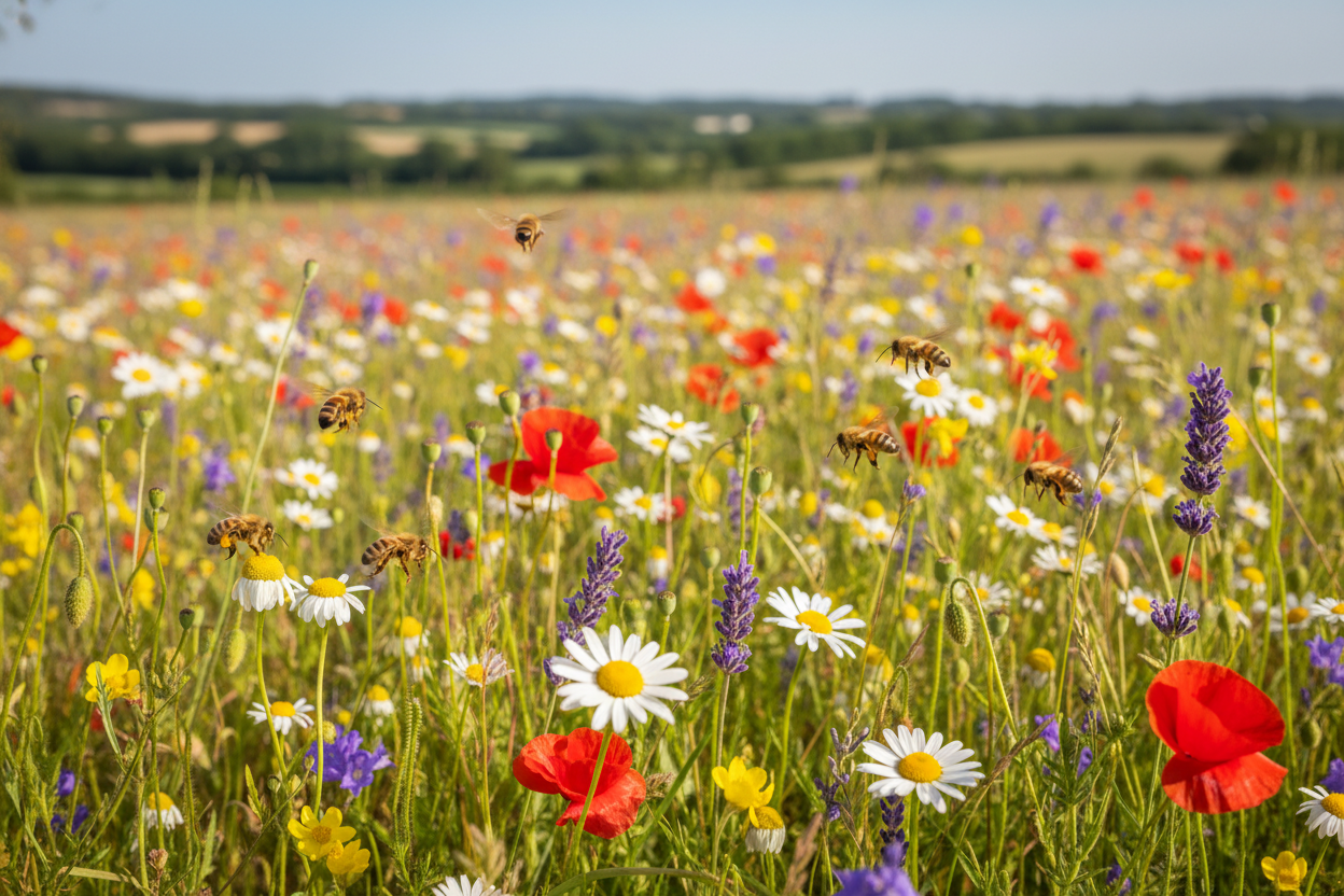 bees in a field of flowers